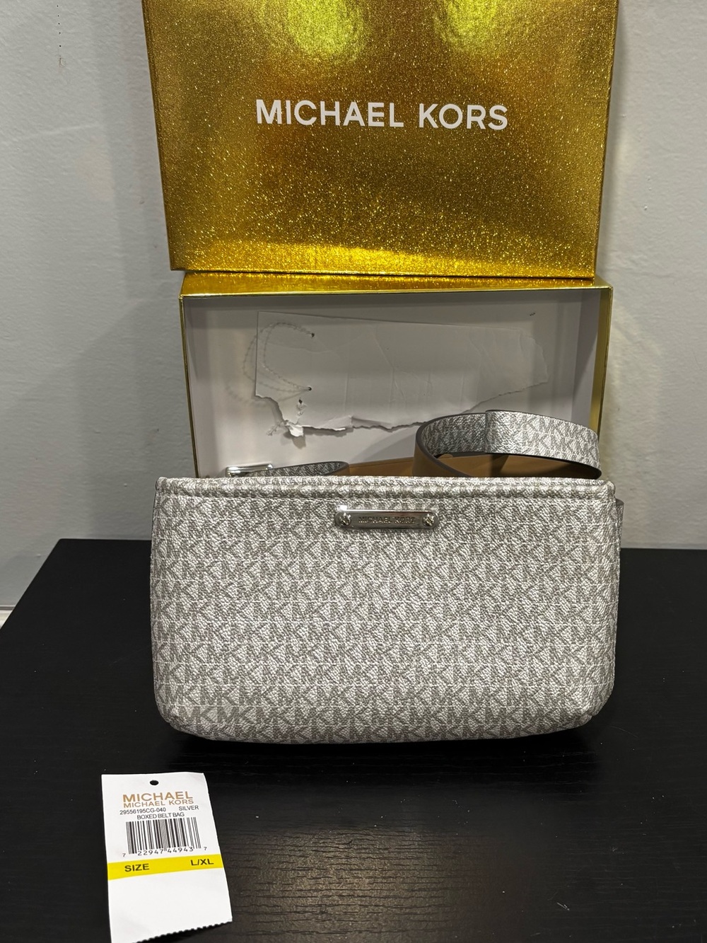 Michael Kors Silver MK Logo belt bag sz L/XL new w box and tags wallet